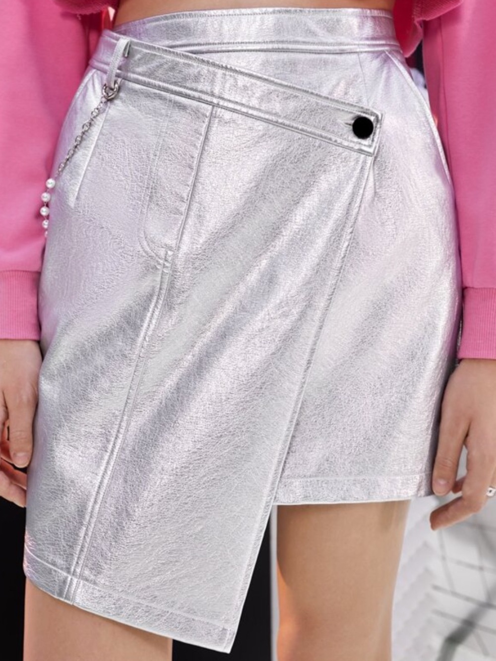 Silver Chrome Faux Leather Wrap Mini Skirt